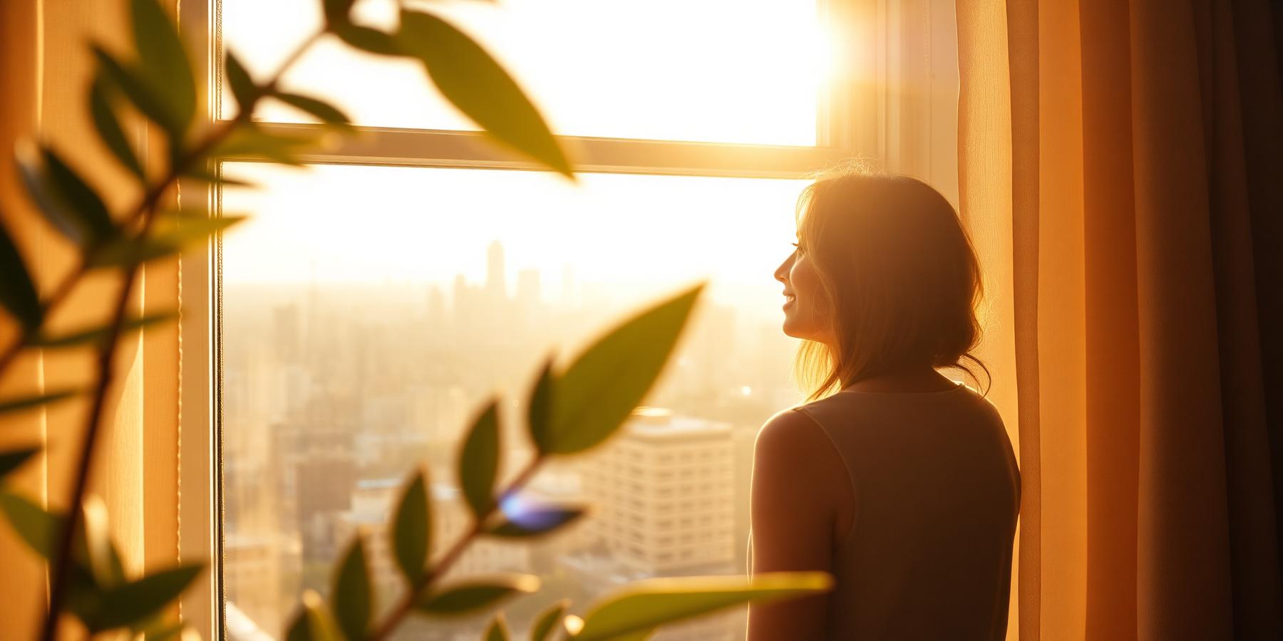Mujer mirando por la ventana al amanecer