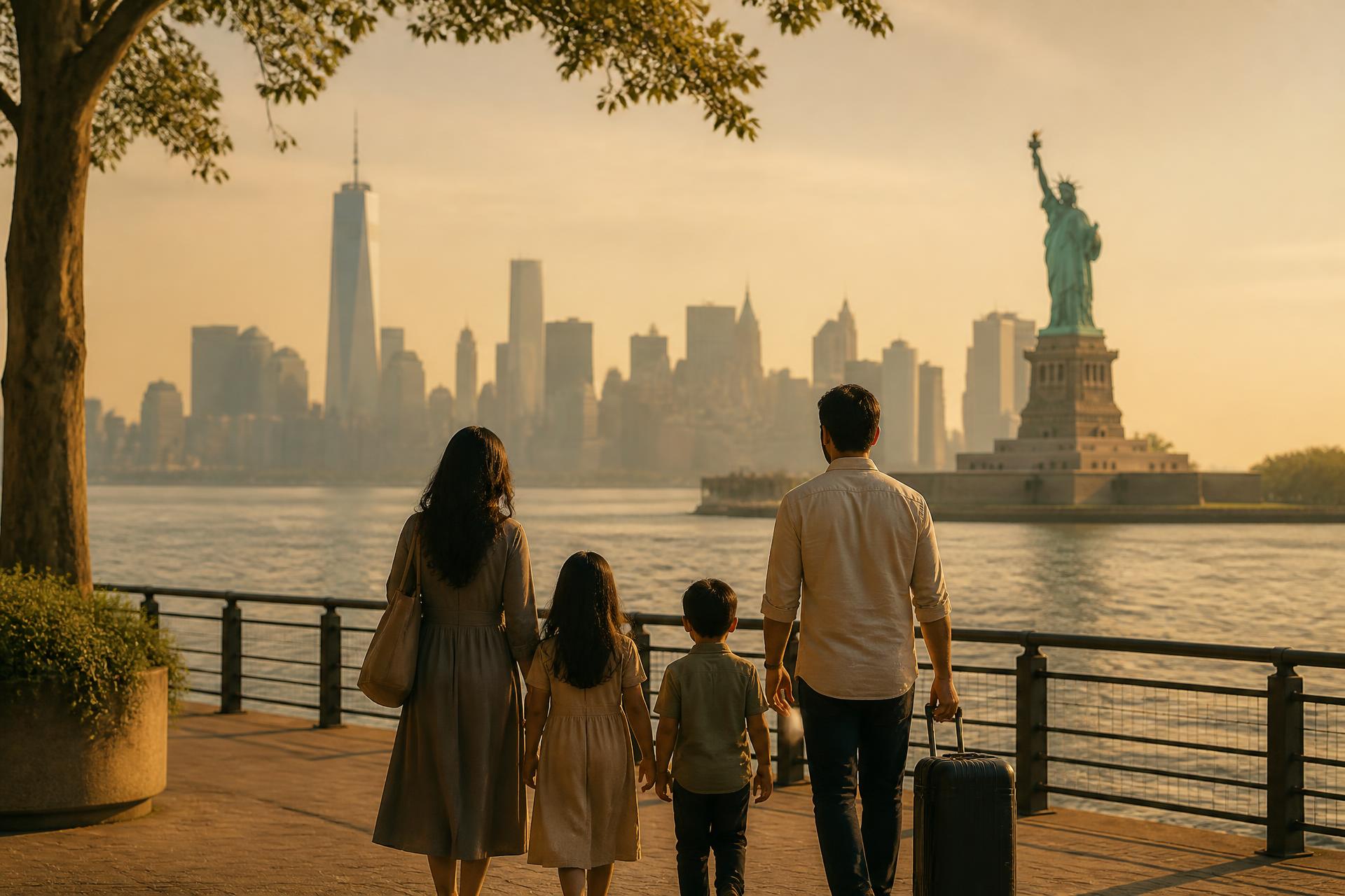 Familia caminando frente a la Estatua de la Libertad